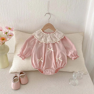 Spring and Autumn Baby Girl Bow Lace Neckline Jumpsuit, Baby Girl Sweet Cute Bow Long Sleeve Jumpsuit, Suitable for Outdoor - RYAN AND REMI