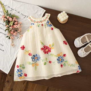 Baby Girl Dresses Summer Flower Embroidery Cotton Neck Girls Dresses Cute Girls Beach Dresses Baby Girl Clothes - RYAN AND REMI