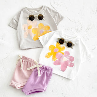 Flower Print T shirts Shorts Set