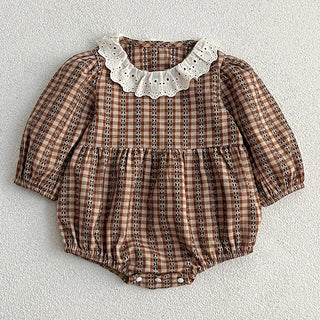 Brown Ruffled Collar Checkered Romper - RYAN AND REMI
