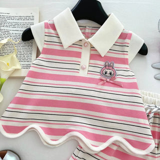 Bear Leader Summer New Girl Outfits Cartoon Stripe Suit Fashion Bareback Big Bow Top + Shorts Casual Child Sets 3-7 Years Old - RYAN AND REMI