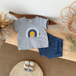 Korean StyleSummer Rainbow Embroidered Short Sleeve T-shirt Set for Preschool Children 6M-3Y Cute Boys And Girls Outfit - RYAN AND REMI