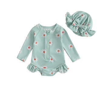Toddler Baby Girl Swimsuit Floral Rash Guard with Hat Set Long Sleeve Zipper Bathing Suit Swimwear - RYAN AND REMI