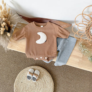 Spring Autumn Korean Style New Baby Boy Girl Clothes Set Moon Patch Long Sleeves Jumpsuit Grey Pants 2Pcs Kid Casual Cute Outfit - RYAN AND REMI