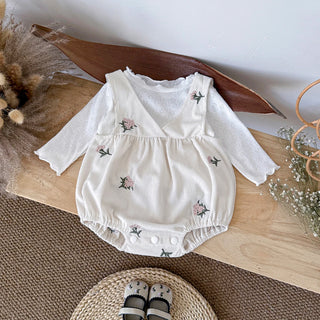 1-18 Months Baby Summer White Floral Triangle Crawling Suit White Long Sleeved Two-Piece Set - RYAN AND REMI