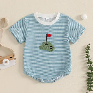 Newborn Baby Boy Summer Romper Short Sleeve Round Neck Stripes Print Bodysuit Playsuit - RYAN AND REMI