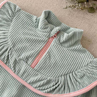 Baby Girl Mint Green Ribbed Lounge Set Half Zip High Neck Ruffle Top Flare Pants with Bow Soft Casual 2Pcs Outfit for Daily Wear - RYAN AND REMI