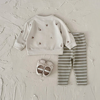 2PCS Spring Autumn New Style For 0-3 Year Old Girls, Comfortable Sweet Cute Floral Embroidery O-neck Pullover+ Striped Pant - RYAN AND REMI