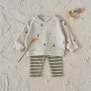 2PCS Spring Autumn New Style For 0-3 Year Old Girls, Comfortable Sweet Cute Floral Embroidery O-neck Pullover+ Striped Pant - RYAN AND REMI
