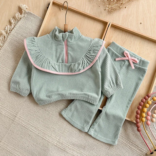 Baby Girl Mint Green Ribbed Lounge Set Half Zip High Neck Ruffle Top Flare Pants with Bow Soft Casual 2Pcs Outfit for Daily Wear - RYAN AND REMI