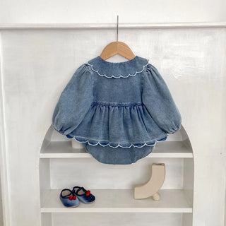 Spring and Autumn Baby Girls' jumpsuit, wave lace denim skirt, stylish outdoor Korean version, long sleeved crawl - RYAN AND REMI