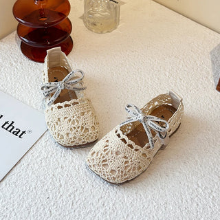 Bow Mesh Girls Flats Shoes Hollow Out Lace Solid Kids Princess Shoes Hook Loop Non Slip Toddler Children Fashion Shoes - RYAN AND REMI