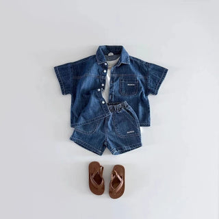 TZ2638 Korean Style Baby Boys Girls Short Sleeve Denim Shirt Shorts Set Summer Fashionable Cute Two-Piece Outfit for Toddlers - RYAN AND REMI
