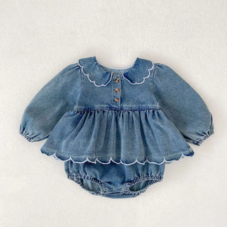 Spring and Autumn Baby Girls' jumpsuit, wave lace denim skirt, stylish outdoor Korean version, long sleeved crawl - RYAN AND REMI