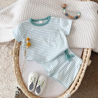 Summer Baby New Set Blue White Stripes Simple Comfortable Short Sleeves+Loose Sports Beach Shorts Boys Girls Clothing - RYAN AND REMI