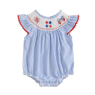 2025-02-21 Lioraitiin Baby Girls Romper Fly Sleeve Crew Neck Stripes Embroidery Stars Bow Infant Bodysuit 4th of July Clothing - RYAN AND REMI