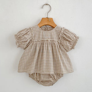 Girls Summer Fashion Set Children's Embroidered Grid Puff Sleeve Top+Shorts Two Piece Cute Baby Girls Clothes Set Baby Clothes - RYAN AND REMI