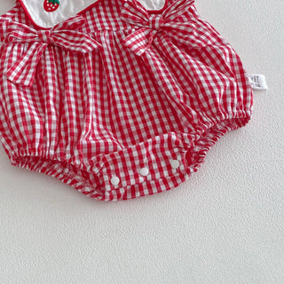 3M-2T Summer Korean Baby Clothing Strawberry Embroidery Girls Bodysuits Red Sleeveless Lace Collar Clothes for Newborns - RYAN AND REMI