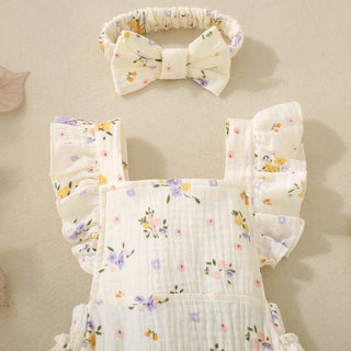 Summer girls, infants, flowers, flowers, plants, embroidered flying sleeves, hagi and bow scrunchie, two-piece set - RYAN AND REMI