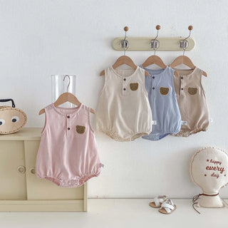 2026 Summer 0-2T Baby Clothes Infant Bodysuit with Bear Pattern Pure Color One-piece for Toddler Girls - RYAN AND REMI