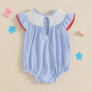 2025-02-21 Lioraitiin Baby Girls Romper Fly Sleeve Crew Neck Stripes Embroidery Stars Bow Infant Bodysuit 4th of July Clothing - RYAN AND REMI