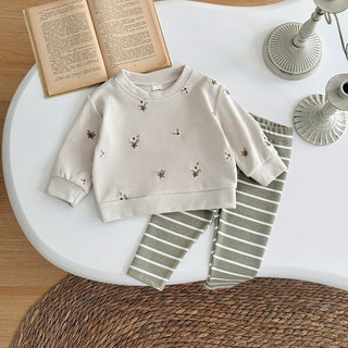 Floral Embroidery Top Striped Pant Set - RYAN AND REMI