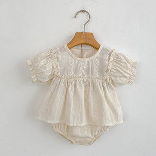 Girls Summer Fashion Set Children's Embroidered Grid Puff Sleeve Top+Shorts Two Piece Cute Baby Girls Clothes Set Baby Clothes - RYAN AND REMI