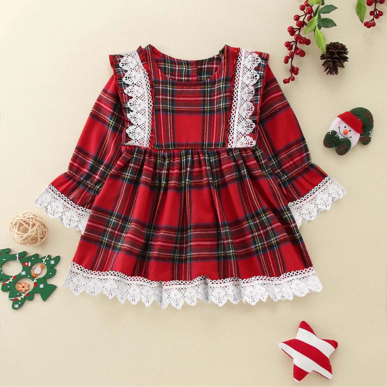Plaid Christmas Flare Dress Red / 2-3T