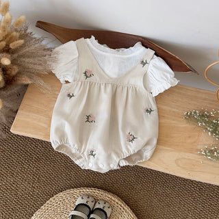 Autumn New Baby White Embroidered Flower Camisole Suit Two Piece Set Baby Bodysuits Newborn Baby Girl Clothes - RYAN AND REMI