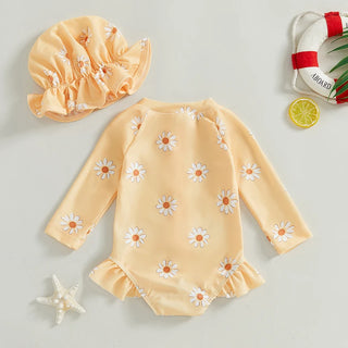 Toddler Baby Girl Swimsuit Floral Rash Guard with Hat Set Long Sleeve Zipper Bathing Suit Swimwear - RYAN AND REMI