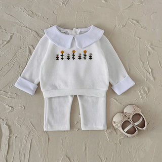 Flower Embroidered Lapel Sweatshirt Pants Set