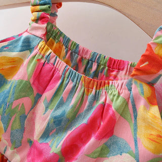Floral Layered Cotton Tulip Dress w Hat