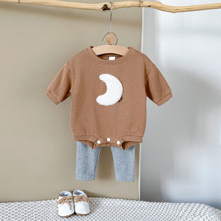 Spring Autumn Korean Style New Baby Boy Girl Clothes Set Moon Patch Long Sleeves Jumpsuit Grey Pants 2Pcs Kid Casual Cute Outfit - RYAN AND REMI