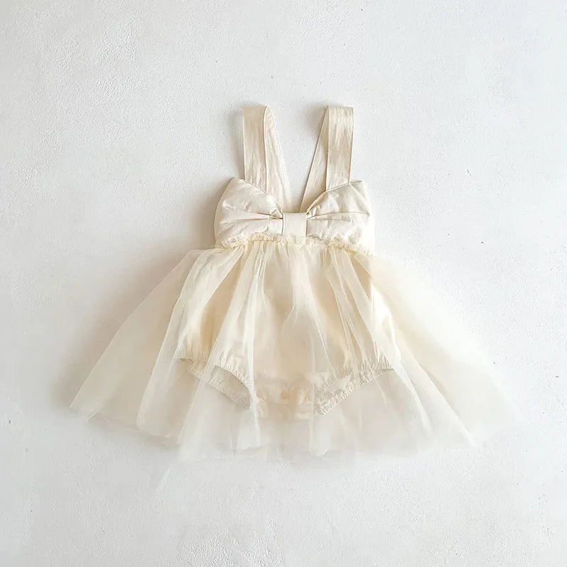 Bow Detail Lace Romper Tutu Dress Beige / 3-6M Bow Detail Lace Romper Tutu Dress Beige / 3-6M