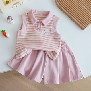 Baby Girl Summer Set Korean Style Polo Collar Striped Vest And Pleated Shorts Set Children's Outfit - RYAN AND REMI