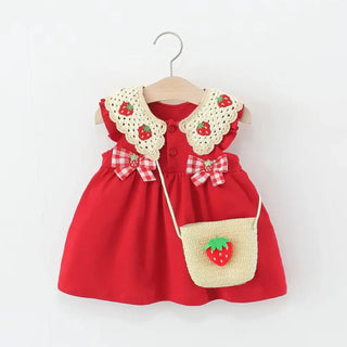 Baby Girl Bow Red Strawberry Dress Summer Element Knit Doll Collar Sleeveless Dress Baby Girl Dress with Bag - RYAN AND REMI