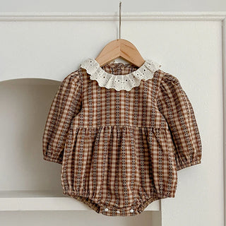 Brown Ruffled Collar Checkered Romper - RYAN AND REMI