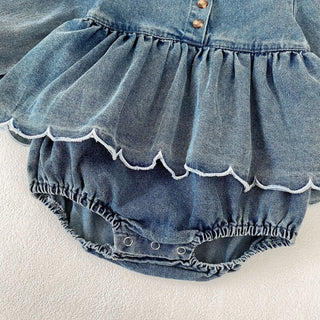 Spring and Autumn Baby Girls' jumpsuit, wave lace denim skirt, stylish outdoor Korean version, long sleeved crawl - RYAN AND REMI