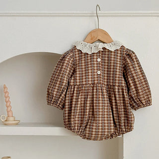 Brown Ruffled Collar Checkered Romper - RYAN AND REMI