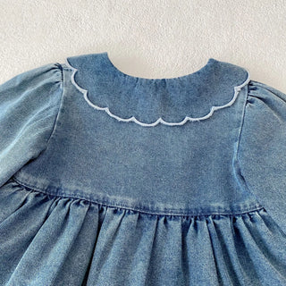 Spring and Autumn Baby Girls' jumpsuit, wave lace denim skirt, stylish outdoor Korean version, long sleeved crawl - RYAN AND REMI