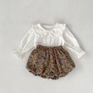 Autumn clothing 0-3 year old baby girl doll collar jacquard top+floral double-layer pants 2-piece set - RYAN AND REMI