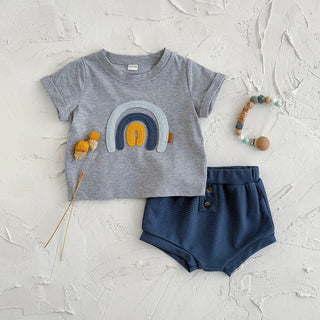 Korean StyleSummer Rainbow Embroidered Short Sleeve T-shirt Set for Preschool Children 6M-3Y Cute Boys And Girls Outfit - RYAN AND REMI