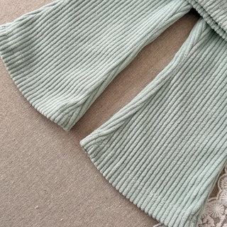 Baby Girl Mint Green Ribbed Lounge Set Half Zip High Neck Ruffle Top Flare Pants with Bow Soft Casual 2Pcs Outfit for Daily Wear - RYAN AND REMI