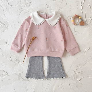 1-3 Years Toddler Girl 2Pcs Set Floral Embroidery Sweatshirt + Flare Pants Casual Daily Outfit for Baby Girls - RYAN AND REMI