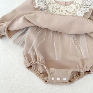 Autumn new baby girl princess jumpsuit Korean version lace lotus leaf collar long sleeved skirt bag fart - RYAN AND REMI