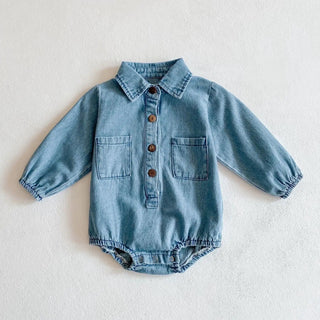 Spring clothing, baby girl, baby's hundred day outfit, denim long sleeved hoodie, one-piece hoodie, triangle climbing suit, loos - RYAN AND REMI