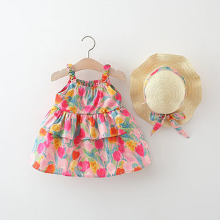 Floral Layered Cotton Tulip Dress w Hat