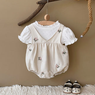 Autumn New Baby White Embroidered Flower Camisole Suit Two Piece Set Baby Bodysuits Newborn Baby Girl Clothes - RYAN AND REMI