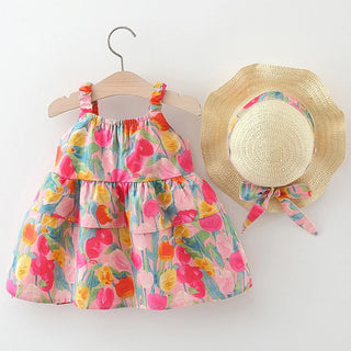 Floral Layered Cotton Tulip Dress w Hat