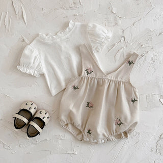 Autumn New Baby White Embroidered Flower Camisole Suit Two Piece Set Baby Bodysuits Newborn Baby Girl Clothes - RYAN AND REMI